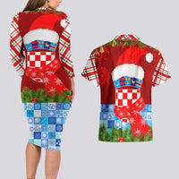 Croatia Christmas Couples Matching Long Sleeve Bodycon Dress and Hawaiian Shirt with Dalmatian Dog Presents and Red Plaid Holiday - Wonder Print Shop