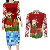 Croatia Christmas Couples Matching Long Sleeve Bodycon Dress and Long Sleeve Button Shirt with Dalmatian Dog Presents and Red Plaid Holiday - Wonder Print Shop