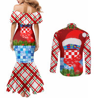 Croatia Christmas Couples Matching Mermaid Dress and Long Sleeve Button Shirt with Dalmatian Dog Presents and Red Plaid Holiday - Wonder Print Shop