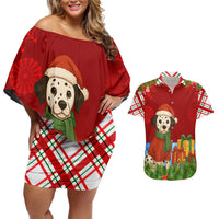 Croatia Christmas Couples Matching Off Shoulder Short Dress and Hawaiian Shirt with Dalmatian Dog Presents and Red Plaid Holiday - Wonder Print Shop