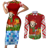 Croatia Christmas Couples Matching Short Sleeve Bodycon Dress and Long Sleeve Button Shirt with Dalmatian Dog Presents and Red Plaid Holiday - Wonder Print Shop