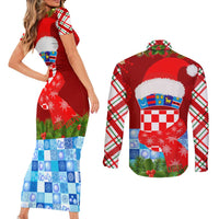 Croatia Christmas Couples Matching Short Sleeve Bodycon Dress and Long Sleeve Button Shirt with Dalmatian Dog Presents and Red Plaid Holiday - Wonder Print Shop