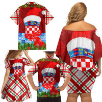 Croatia Christmas Family Matching Off Shoulder Short Dress and Hawaiian Shirt with Dalmatian Dog Presents and Red Plaid Holiday - Wonder Print Shop