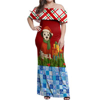 Croatia Christmas Off Shoulder Maxi Dress with Dalmatian Dog Presents and Red Plaid Holiday - Wonder Print Shop