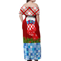 Croatia Christmas Off Shoulder Maxi Dress with Dalmatian Dog Presents and Red Plaid Holiday - Wonder Print Shop