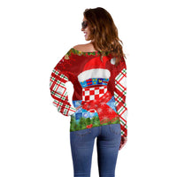 Croatia Christmas Off Shoulder Sweater with Dalmatian Dog Presents and Red Plaid Holiday - Wonder Print Shop