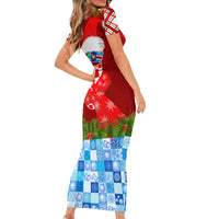 Croatia Christmas Short Sleeve Bodycon Dress with Dalmatian Dog Presents and Red Plaid Holiday - Wonder Print Shop