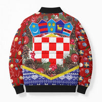 Croatia Christmas Bomber Puffer Jacket with Santa Sleigh Presents and Red Checkered Crest - Wonder Print Shop