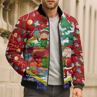 Croatia Christmas Bomber Puffer Jacket with Santa Sleigh Presents and Red Checkered Crest - Wonder Print Shop