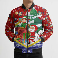 Croatia Christmas Bomber Puffer Jacket with Santa Sleigh Presents and Red Checkered Crest - Wonder Print Shop