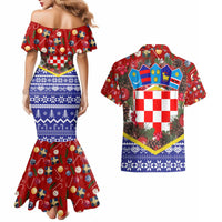 Croatia Christmas Couples Matching Mermaid Dress and Hawaiian Shirt with Santa Sleigh Presents and Red Checkered Crest - Wonder Print Shop