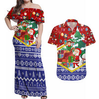 Croatia Christmas Couples Matching Off Shoulder Maxi Dress and Hawaiian Shirt with Santa Sleigh Presents and Red Checkered Crest - Wonder Print Shop