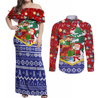 Croatia Christmas Couples Matching Off Shoulder Maxi Dress and Long Sleeve Button Shirt with Santa Sleigh Presents and Red Checkered Crest - Wonder Print Shop