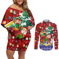 Croatia Christmas Couples Matching Off Shoulder Short Dress and Long Sleeve Button Shirt with Santa Sleigh Presents and Red Checkered Crest - Wonder Print Shop