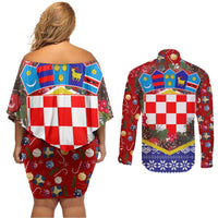 Croatia Christmas Couples Matching Off Shoulder Short Dress and Long Sleeve Button Shirt with Santa Sleigh Presents and Red Checkered Crest - Wonder Print Shop