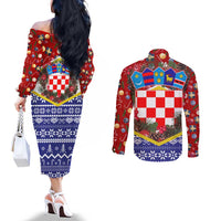 Croatia Christmas Couples Matching Off The Shoulder Long Sleeve Dress and Long Sleeve Button Shirt with Santa Sleigh Presents and Red Checkered Crest - Wonder Print Shop