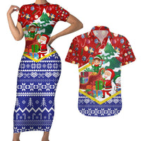 Croatia Christmas Couples Matching Short Sleeve Bodycon Dress and Hawaiian Shirt with Santa Sleigh Presents and Red Checkered Crest - Wonder Print Shop