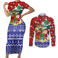 Croatia Christmas Couples Matching Short Sleeve Bodycon Dress and Long Sleeve Button Shirt with Santa Sleigh Presents and Red Checkered Crest - Wonder Print Shop