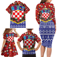 Croatia Christmas Family Matching Long Sleeve Bodycon Dress and Hawaiian Shirt with Santa Sleigh Presents and Red Checkered Crest - Wonder Print Shop