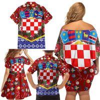 Croatia Christmas Family Matching Off Shoulder Short Dress and Hawaiian Shirt with Santa Sleigh Presents and Red Checkered Crest - Wonder Print Shop