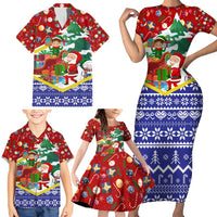 Croatia Christmas Family Matching Short Sleeve Bodycon Dress and Hawaiian Shirt with Santa Sleigh Presents and Red Checkered Crest - Wonder Print Shop