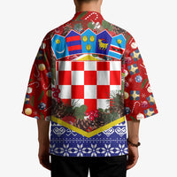 Croatia Christmas Kimono with Santa Sleigh Presents and Red Checkered Crest - Wonder Print Shop