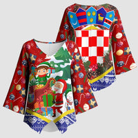 Croatia Christmas Kimono Sleeve Blouse with Santa Sleigh Presents and Red Checkered Crest - Wonder Print Shop