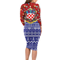 Croatia Christmas Long Sleeve Bodycon Dress with Santa Sleigh Presents and Red Checkered Crest - Wonder Print Shop