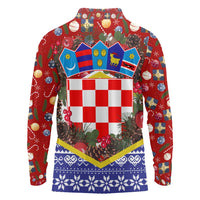 Croatia Christmas Long Sleeve Polo Shirt with Santa Sleigh Presents and Red Checkered Crest - Wonder Print Shop
