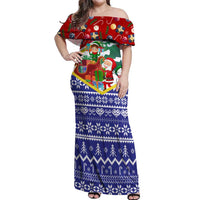 Croatia Christmas Off Shoulder Maxi Dress with Santa Sleigh Presents and Red Checkered Crest - Wonder Print Shop