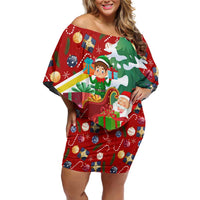 Croatia Christmas Off Shoulder Short Dress with Santa Sleigh Presents and Red Checkered Crest - Wonder Print Shop