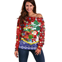 Croatia Christmas Off Shoulder Sweater with Santa Sleigh Presents and Red Checkered Crest - Wonder Print Shop