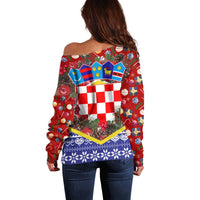 Croatia Christmas Off Shoulder Sweater with Santa Sleigh Presents and Red Checkered Crest - Wonder Print Shop