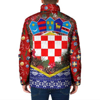 Croatia Christmas Padded Jacket with Santa Sleigh Presents and Red Checkered Crest - Wonder Print Shop