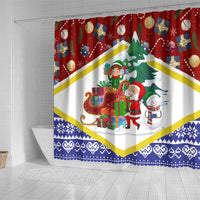 Croatia Christmas Shower Curtain with Santa Sleigh Presents and Red Checkered Crest - Wonder Print Shop
