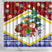 Croatia Christmas Shower Curtain with Santa Sleigh Presents and Red Checkered Crest - Wonder Print Shop