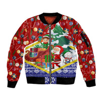 Croatia Christmas Sleeve Zip Bomber Jacket with Santa Sleigh Presents and Red Checkered Crest - Wonder Print Shop