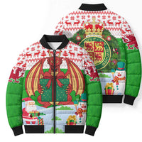 Wales Christmas Bomber Puffer Jacket with Red Dragon Gift and Holiday Crest Snow Scene - Wonder Print Shop