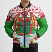 Wales Christmas Bomber Puffer Jacket with Red Dragon Gift and Holiday Crest Snow Scene - Wonder Print Shop