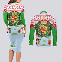 Wales Christmas Couples Matching Long Sleeve Bodycon Dress and Long Sleeve Button Shirt with Red Dragon Gift and Holiday Crest Snow Scene - Wonder Print Shop