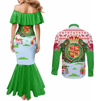 Wales Christmas Couples Matching Mermaid Dress and Long Sleeve Button Shirt with Red Dragon Gift and Holiday Crest Snow Scene - Wonder Print Shop