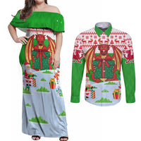 Wales Christmas Couples Matching Off Shoulder Maxi Dress and Long Sleeve Button Shirt with Red Dragon Gift and Holiday Crest Snow Scene - Wonder Print Shop