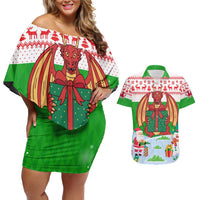 Wales Christmas Couples Matching Off Shoulder Short Dress and Hawaiian Shirt with Red Dragon Gift and Holiday Crest Snow Scene - Wonder Print Shop