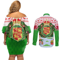 Wales Christmas Couples Matching Off Shoulder Short Dress and Long Sleeve Button Shirt with Red Dragon Gift and Holiday Crest Snow Scene - Wonder Print Shop