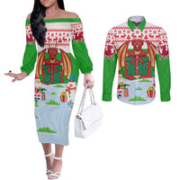 Wales Christmas Couples Matching Off The Shoulder Long Sleeve Dress and Long Sleeve Button Shirt with Red Dragon Gift and Holiday Crest Snow Scene - Wonder Print Shop