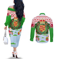 Wales Christmas Couples Matching Off The Shoulder Long Sleeve Dress and Long Sleeve Button Shirt with Red Dragon Gift and Holiday Crest Snow Scene - Wonder Print Shop