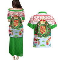 Wales Christmas Couples Matching Puletasi and Hawaiian Shirt with Red Dragon Gift and Holiday Crest Snow Scene - Wonder Print Shop