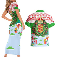 Wales Christmas Couples Matching Short Sleeve Bodycon Dress and Hawaiian Shirt with Red Dragon Gift and Holiday Crest Snow Scene - Wonder Print Shop