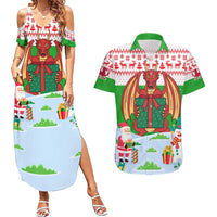 Wales Christmas Couples Matching Summer Maxi Dress and Hawaiian Shirt with Red Dragon Gift and Holiday Crest Snow Scene - Wonder Print Shop