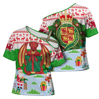 Wales Christmas Cross Shoulder Shirt with Red Dragon Gift and Holiday Crest Snow Scene - Wonder Print Shop